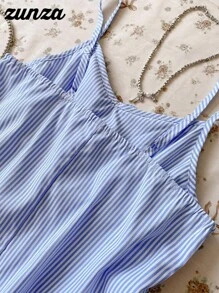 青少年女孩蝴蝶结装饰镂空吊带背心，时尚休闲夏季蓝色条纹背心娃娃背心蓝白条纹夏季上衣夏季上衣可爱夏季上衣 - 藍色 - 查看 5