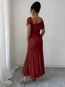 Modelyn 1 件女士时尚露肩花卉 3D 装饰修身优雅连衣裙，春夏 - 酒紅色 - 查看 2