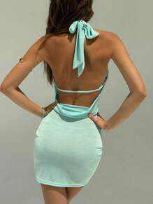 Aloruh 性感露背系带深 V 镂空露背金属装饰迷你连衣裙，适合音乐节，蓝色 - 藍色 - 查看 3