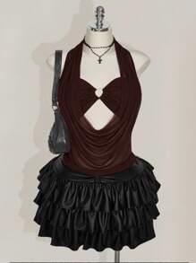 SHEIN ICON 加大码女式纯色 Y2K 节日性感外出网眼露背镂空心形水钻装饰背心