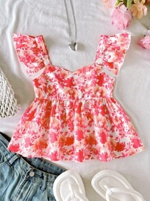 SHEIN Tween Girls' Casual Simple Comfy Square Neck Floral Print Cap Sleeve Shirt