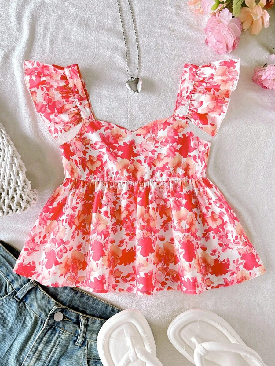 SHEIN Tween Girls' Casual Simple Comfy Square Neck Floral Print Cap Sleeve Shirt