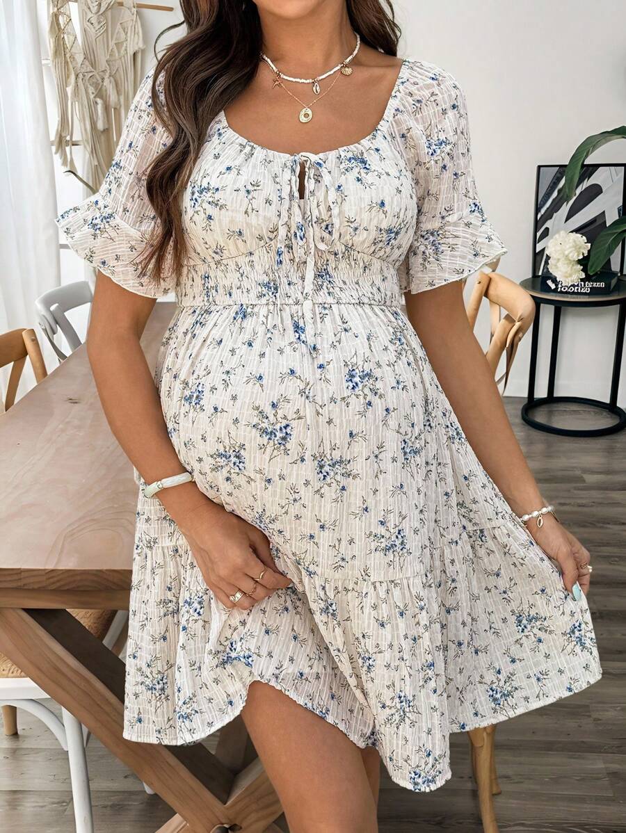 SHEIN 波西米亚风碎花连衣裙孕妇装孕妇装夏季孕妇装妈妈装孕妇友好型连衣裙，浪漫碎花连衣裙 - 白色 - 查看 1