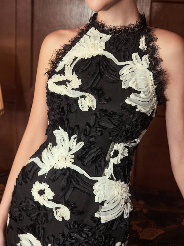 ZEYLAH TWO TONE STEREO FLOWER LACE TRIM SPLIT BACK HALTER NECK DRESS , FALL WINTER