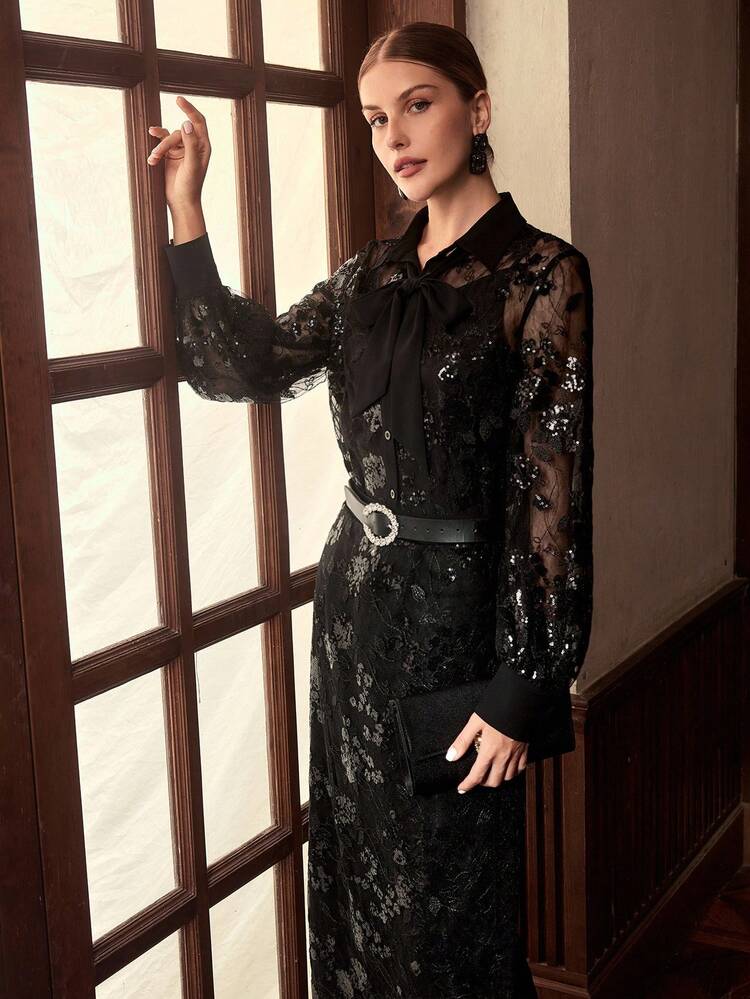 ZEYLAH Conjunto elegante de blusa de manga larga con encaje y lentejuelas y falda midi, para otoño/invierno