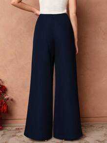 SHEIN Unity Women's Casual Navy High Waist Wide Leg Pants, Relaxed Fit, Summer Fall Cloth For Women - Navy Blue - View 2