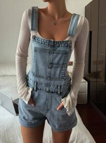 Livesso Women's Casual Distressed Washed Denim Bib Overalls, Autumn - Blue - View 3