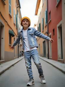 1 Set Tween Boy Retro Distressed Denim Jacket & Light Blue Jeans Suit,Comfortable Back-To-School School Casual Chic Outfits For Autumn/Winter Fall - Light Wash - View 3