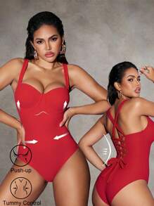 Shapewave 1pc Red Wide Strap Underwire Push Up Padded Cross Strap Back Elegant One Piece Swimsuit For Women For Summer Beach Vacation - Red - View 1