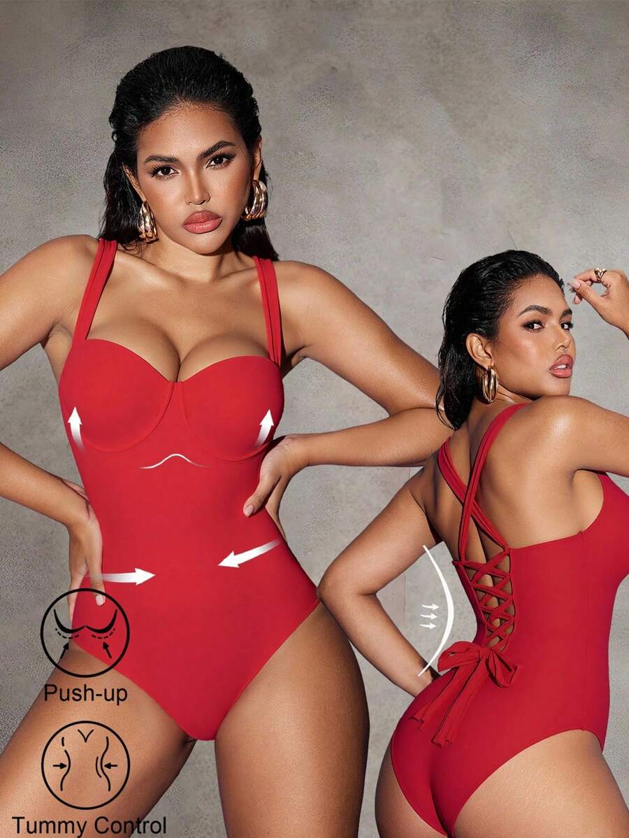 Shapewave 1pc Red Wide Strap Underwire Push Up Padded Cross Strap Back Elegant One Piece Swimsuit For Women For Summer Beach Vacation - Red - View 1