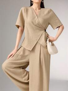 Heiryn V-Neck, Leather Waistband, Retro Style Flare Leg Floor Length Jumpsuit, Versatile Two Pieces Set For Commute