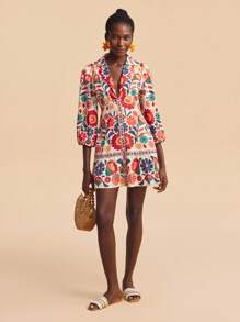 Travachic 时尚休闲度假花卉印花长袖女式迷你连衣裙 - 米色 - 查看 4