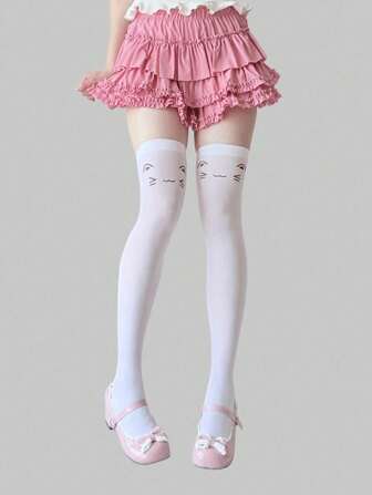 Anime 1 Pair Cute Minimalist Cat Face Design Over-The-Knee Socks, Y2K Aesthetic Pure White Uniform Style Knee High Socks, Thin Elastic See-Through Tights
