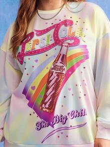 PEPSI X SHEIN 加大码字母彩虹印花圆领长袖卫衣 粉彩卫衣 彩虹卫衣 可爱卫衣 图案卫衣 - 彩色 - 查看 1