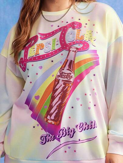 PEPSI X SHEIN Sudadera de cuello redondo de manga larga con estampado de letras y arcoíris, talla grande, sudadera en tonos pastel, sudadera con arcoíris, sudadera linda, sudadera con gráfico