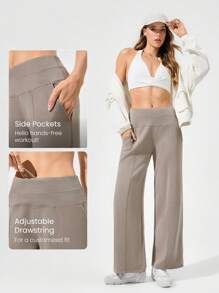 GLOWMODE Modal Silk Touch Wide Leg High Waist Lounge Pants With Side Pockets Daily Casual Fall Fall Winter - Khaki - View 4