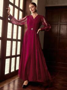 ZEYLAH 蕾丝拼布腰饰派对/正式连衣裙，秋冬 - Bold Plum - 查看 6