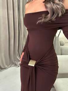 Jemour Off Shoulder Long Sleeve Maxi Dress Vacation Summer Spring Romantic Wedding Guest Graduation, Prom Holiday - Coffee - View 3