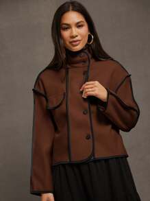 SHEIN Essnce 女士休闲宽松落肩长袖拼色大衣，适合秋冬季日常穿着 - 咖啡棕 - 查看 7