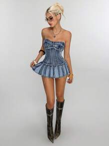 Jeanoix Women's Ruched Flounce Hem Frayed Bustier Sexy Denim Dress Y2k