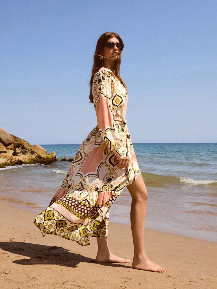 SHEIN Maija Damen Totem- & Blume Muster Design Sommer Casual Elegant Modisch Hemdkragen Regular Schulter Langarm Tailliert A-Linie Kleid Patchwork Strand Urlaub Boho Stil Outfit Moderne Urlaub Nomadisch Casual Mode Allround Damen Land Konzert Kleidung Westlicher Stil Damen Kleidung Nomadischer Stil Boho High-End Eleganz Allround Land Konzert Kleidung Old Money Stil High-End Eleganz Allround Land Konzert Kleidung Fließende Ärmel