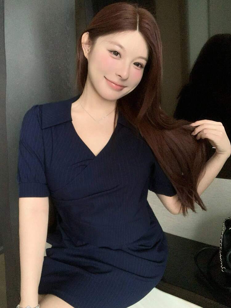 Dazy Plus Striped Gathered Short Sleeve Mini Commuter Dress For Summer