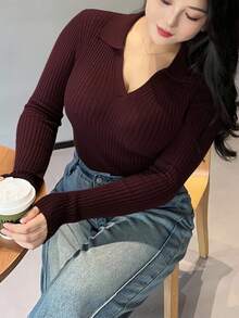 Dazy Plus Valentine Plus Size Solid Color V-Neck Elastic Bodycon Long Sleeve Wine Red Sweater Fall - Burgundy - View 5