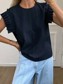 Livesso Nouvelle blouse décontractée à col rond sans manches pour femmes, idéale pour la rentrée scolaire, pour enseignante - Bleu marine - Voir 1