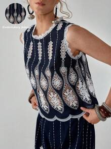 Florisole Tricou elegant boem, stil boem, cu guler rotund, bleumarin, alb, cu scobituri, broderie, fără mâneci, pentru primăvară și vară, pentru doamne, vacanță - Albastru marin - Vizualizare 1