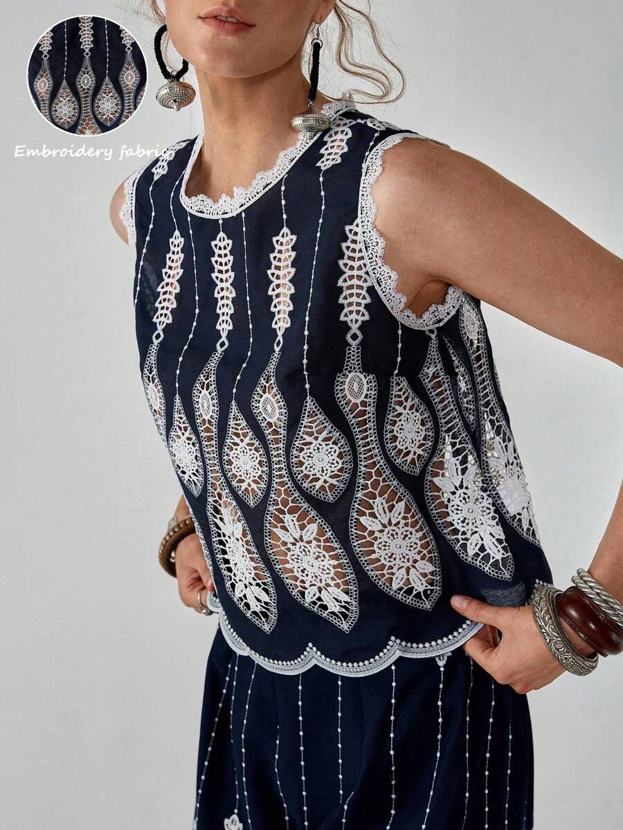 Florisole Tricou elegant boem, stil boem, cu guler rotund, bleumarin, alb, cu scobituri, broderie, fără mâneci, pentru primăvară și vară, pentru doamne, vacanță - Albastru marin - Vizualizare 1