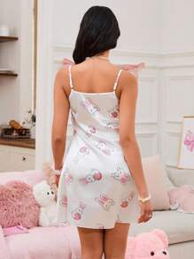 缎带女士睡袍，带有卡通兔子和草莓印花 - 彩色 - 查看 2