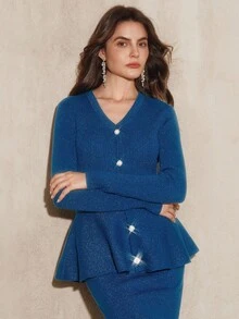 Anewsta 2pcs/Set Women's Elegant Commuting Workwear Ruffle Trim Fitted Knit Top, Blue, Autumn/Winter - Royal Blue - View 4