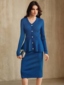 Anewsta 2pcs/Set Women's Elegant Commuting Workwear Ruffle Trim Fitted Knit Top, Blue, Autumn/Winter - Royal Blue - View 3