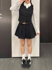 SHEIN 青少年女孩休闲简约舒适条纹翻领长袖衬衫、背心和裙子三件套 - 黑色 - 查看 1