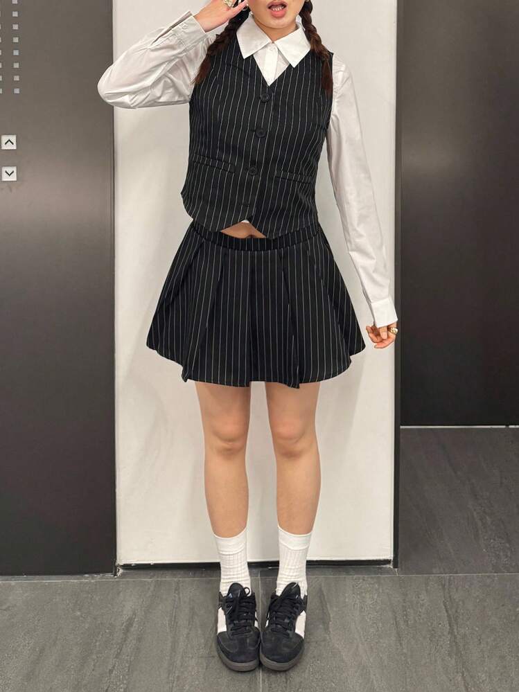 SHEIN 青少年女孩休闲简约舒适条纹翻领长袖衬衫、背心和裙子三件套 - 黑色 - 查看 1