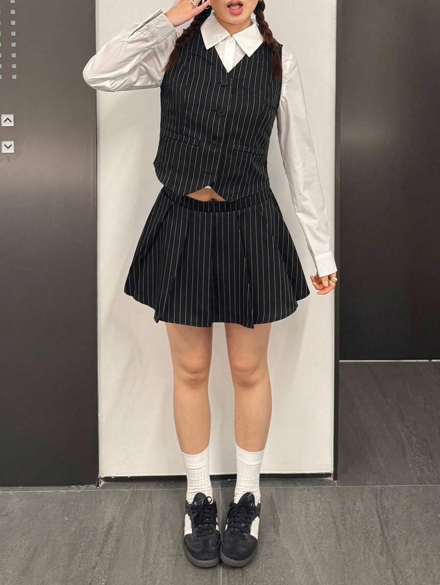 SHEIN 青少年女孩休闲简约舒适条纹翻领长袖衬衫、背心和裙子三件套 - 黑色 - 查看 1