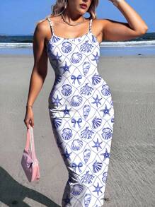 Veykashi 大码女式吊带紧身连衣裙，蝴蝶和贝壳海洋印花，适合休闲度假