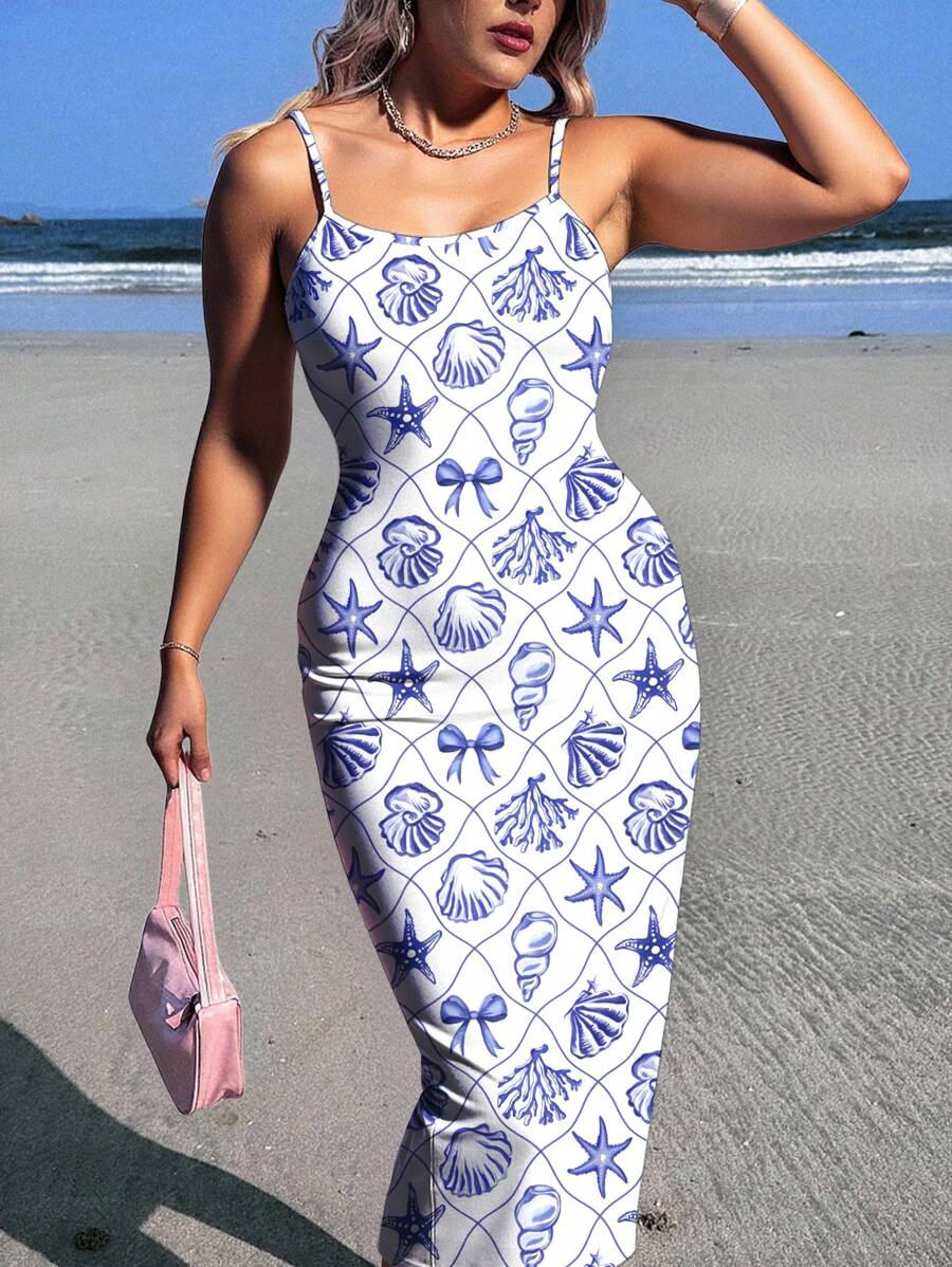 Veykashi 大码女式吊带紧身连衣裙，蝴蝶和贝壳海洋印花，适合休闲度假