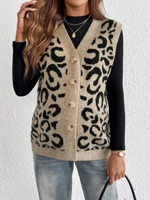 SHEIN 秋装，秋季服装，孕妇装秋季服装孕妇装女士单排扣 V 领豹纹针织背心，秋冬，无袖针织保暖针织上衣，撞色饰边，休闲日常穿着 - 彩色 - 查看 3