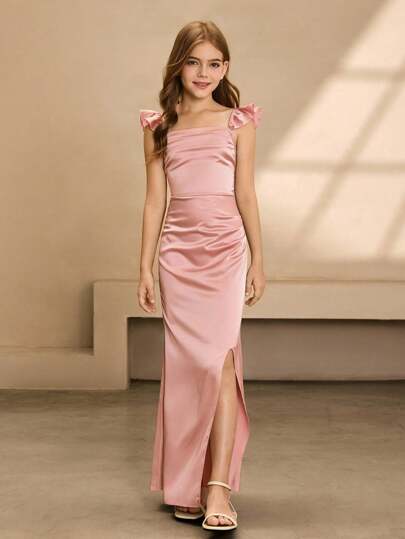 缎面无袖高腰长裙，适合女孩、婚礼、派对、舞会、生日、万圣节、毕业典礼、正式场合