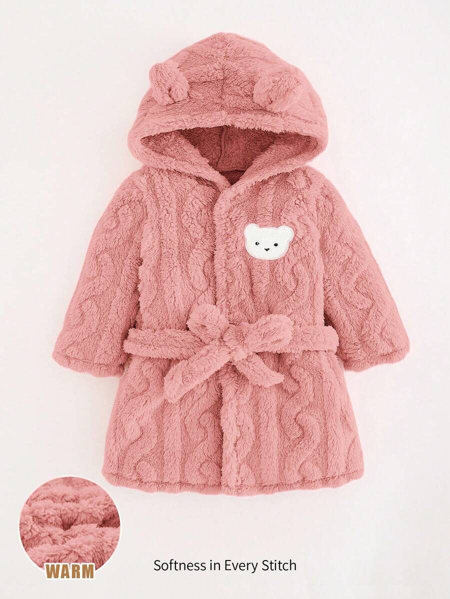 Cozy Pixies Toddler Girls' Thick Fleece Robe With Bear Ear Hood & Tie Waist, Long Sleeve Baby Winter Robe Baby Girl Robe Fall - Dusty Pink - View 1
