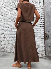 EMERY ROSE 2pcs/Set Women Solid Color Round Neck Batwing Sleeve Blouse & Mini Skirt Casual Summer Outfit - Coffee Brown - View 2