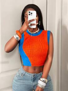 BamGleam 女式橙色撞色罗纹提花无袖短款修身休闲针织上衣 - 橘色 - 查看 5