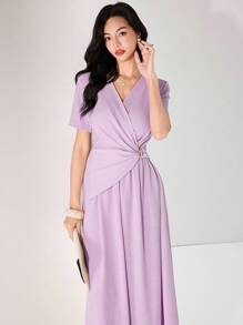 Heiryn Women's Elegant Solid Color Maxi Wrap Dress - Mauve Purple - View 5