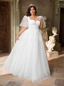 Aureia Đầm Maxi bồng bềnh cổ tim màu trắng thanh lịch lãng mạn quyến rũ tay bồng phóng đại đính hạt trang trí hoa cỡ lớn, thích hợp cho kỳ nghỉ, tuần trăng mật, dạ hội, đám cưới, váy cưới - trắng - Xem 3