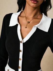 Poéselle New Arrival Women Fitted Sexy Body-Con Mini Skirt Turtleneck Knit Sweater Dress, Elegant For Autumn/Winter - Black and White - View 4