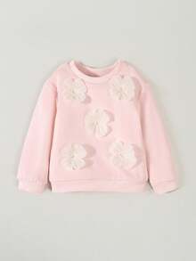 SHEIN 女婴舒适 3D 花卉图案运动衫，百搭休闲甜美时尚长袖上衣 - 白色 - 查看 8