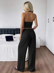 SHEIN EZwear 女式夏季露背上衣和长裤套装 - 黑色 - 查看 2