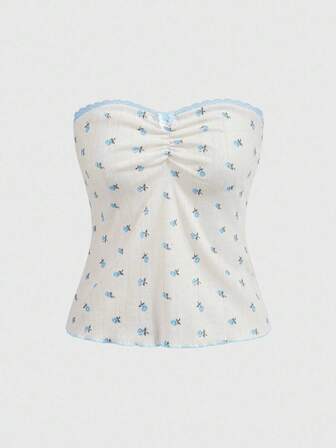 Kawaii Damen zarte Spitzenbesatz Blumen Schleife gerafftes dehnbares Top, Urlaubs- und Freizeitkleidung