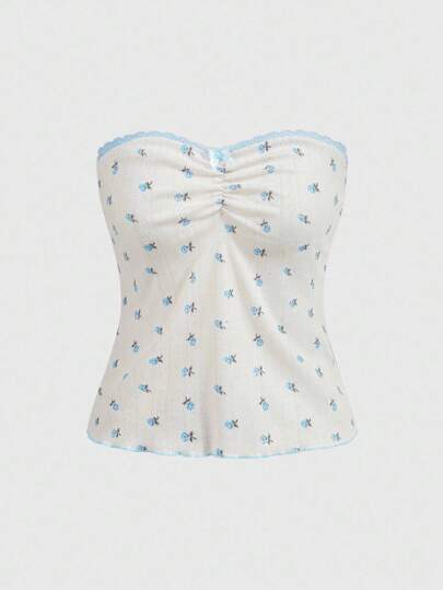 Kawaii Top ajustado con detalle de lazo floral, volantes y encaje delicado, para vestir de vacaciones y ocio